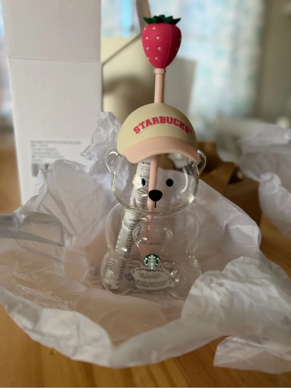 Starbucks Clear Bear Glass Cup with Cream Cap and Pink Strawberry Straw